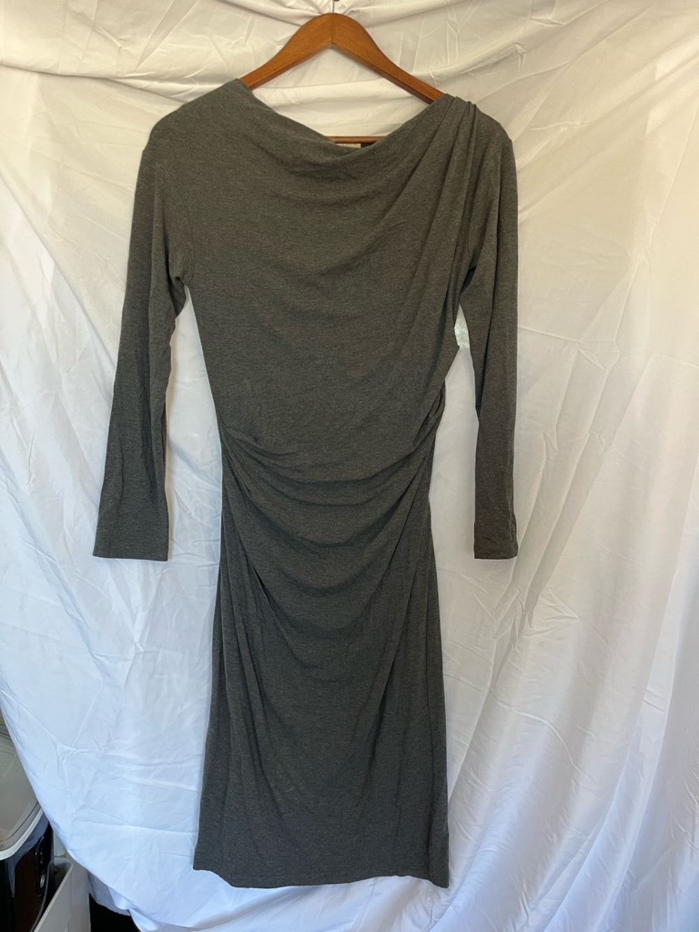 MM Lafleur Classic Gray Long-Sleeve Ruched Dress - Size S - Work Shift Sheath